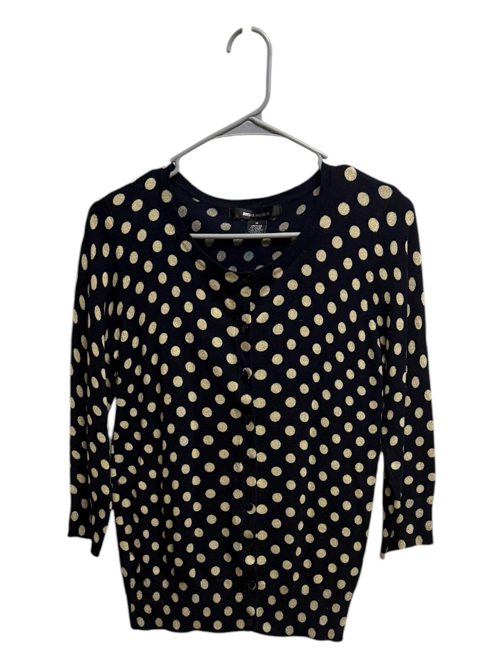 89th & Madison Polka Dot Cardigan Sweater Navy Blue Cream Size M  3/4 Sleeve